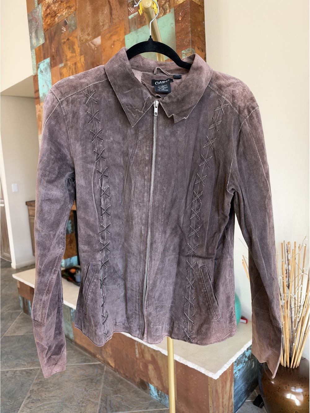 Vintage Cabo Brown Suede Cross-Stitch Zip Jacket Women’s M